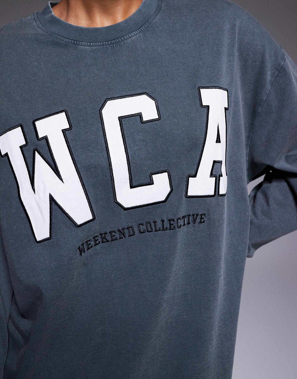 Weekend Collective Icon oversized long sleeve T-shirt dress with varsity logo in washed charcoal