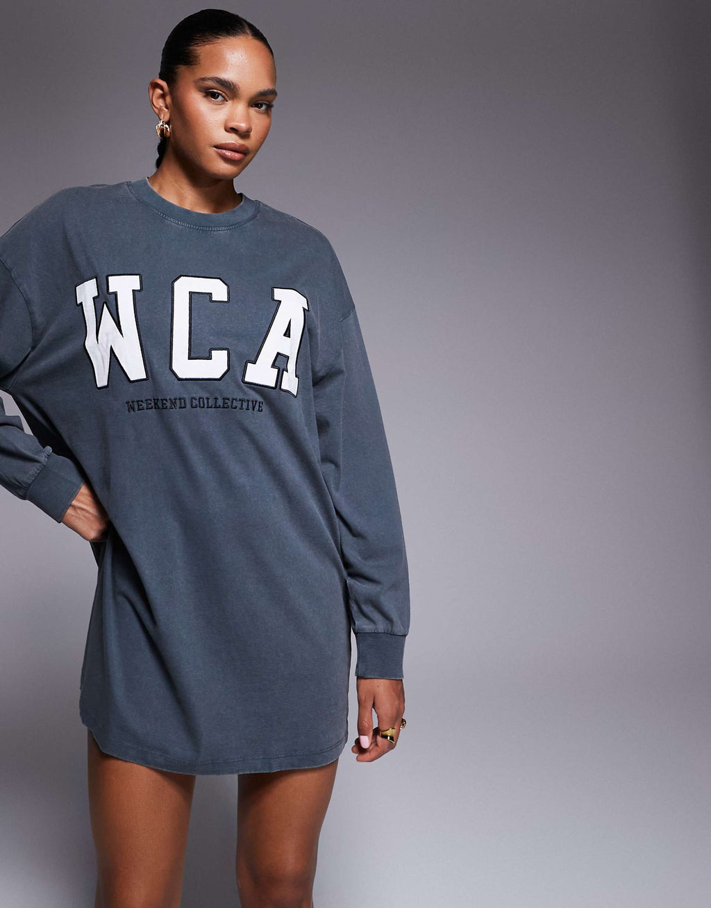 Weekend Collective Icon oversized long sleeve T-shirt dress with varsity logo in washed charcoal