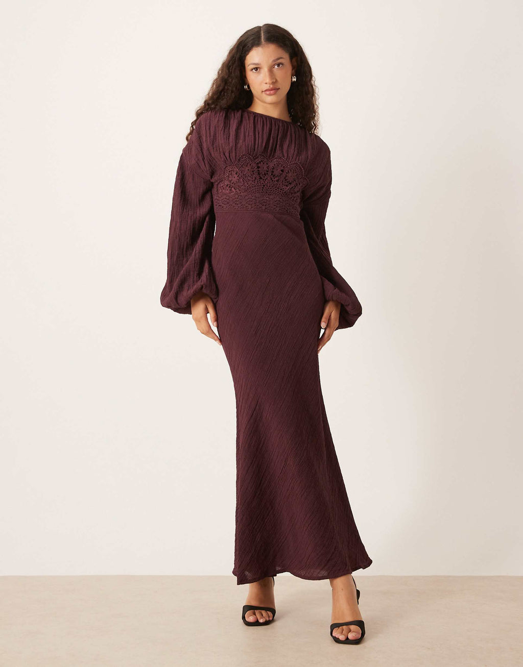 ASOS DESIGN crew neck maxi dress with volume sleeve and lace bust detail in mulberry