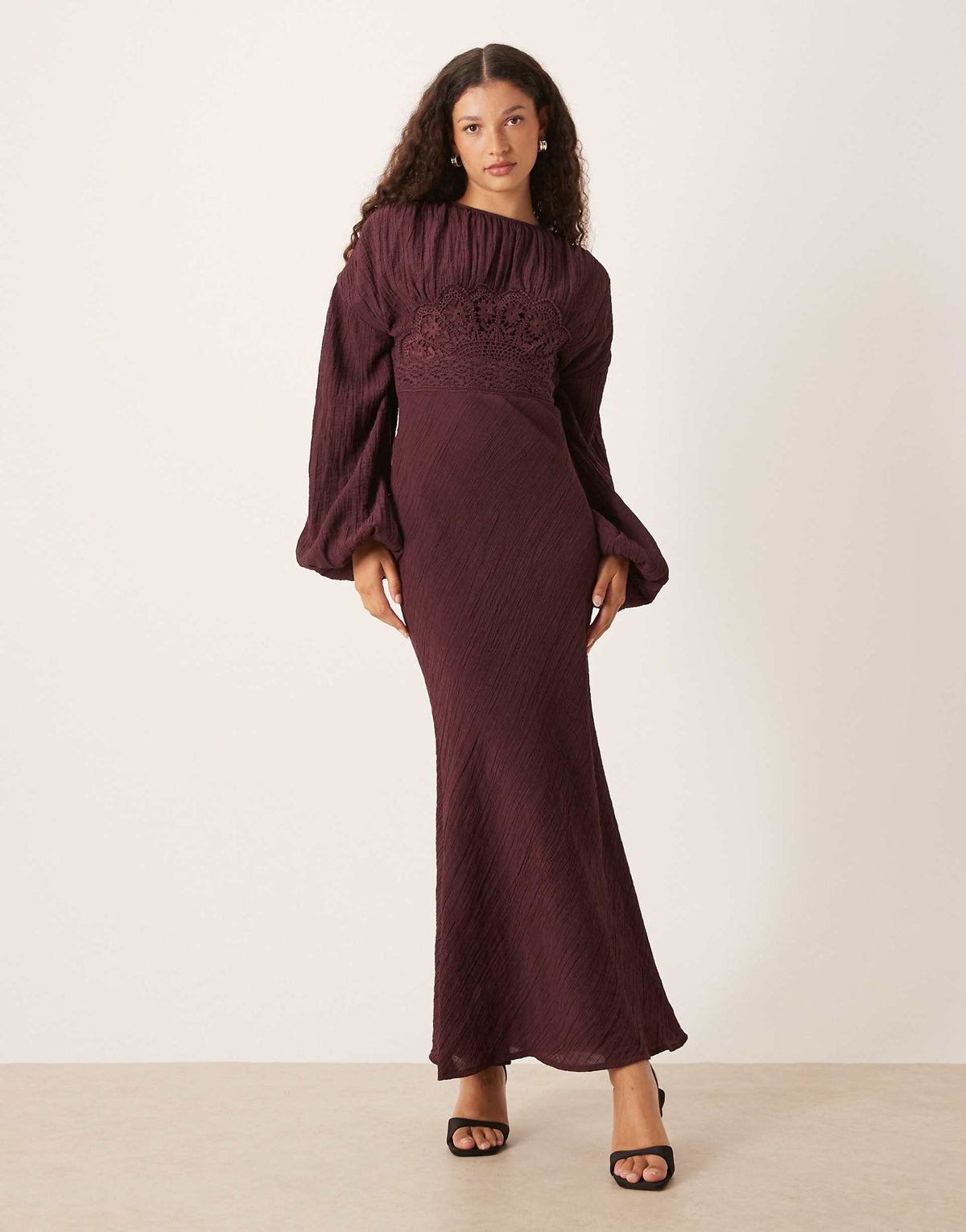 ASOS DESIGN crew neck maxi dress with volume sleeve and lace bust detail in mulberry