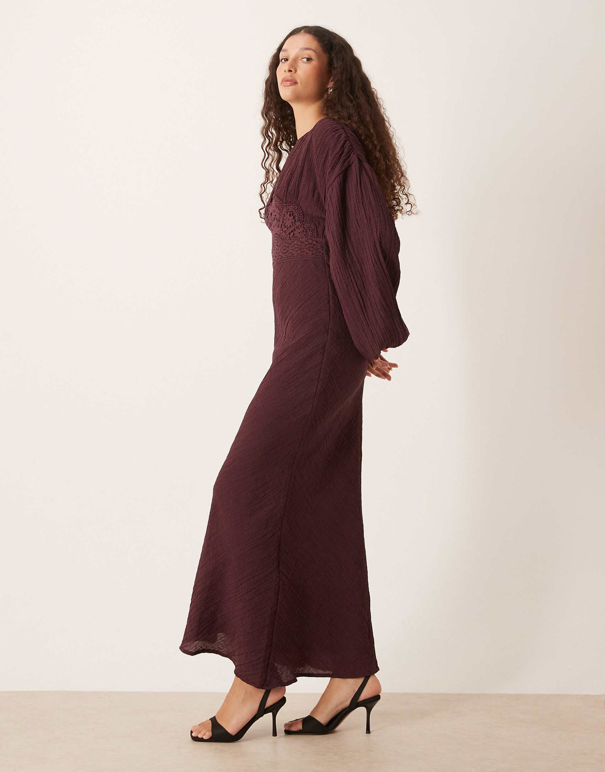 ASOS DESIGN crew neck maxi dress with volume sleeve and lace bust detail in mulberry