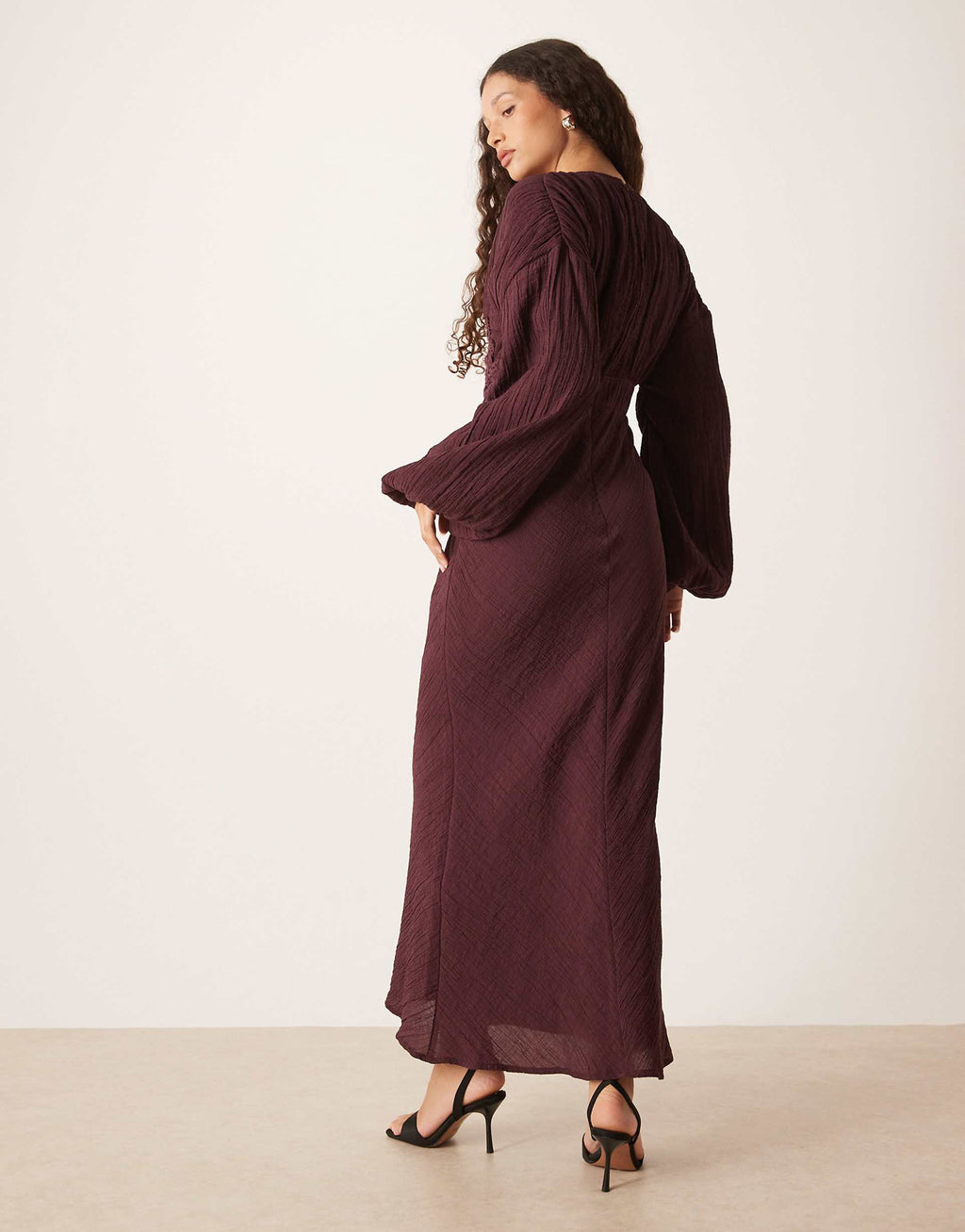 ASOS DESIGN crew neck maxi dress with volume sleeve and lace bust detail in mulberry
