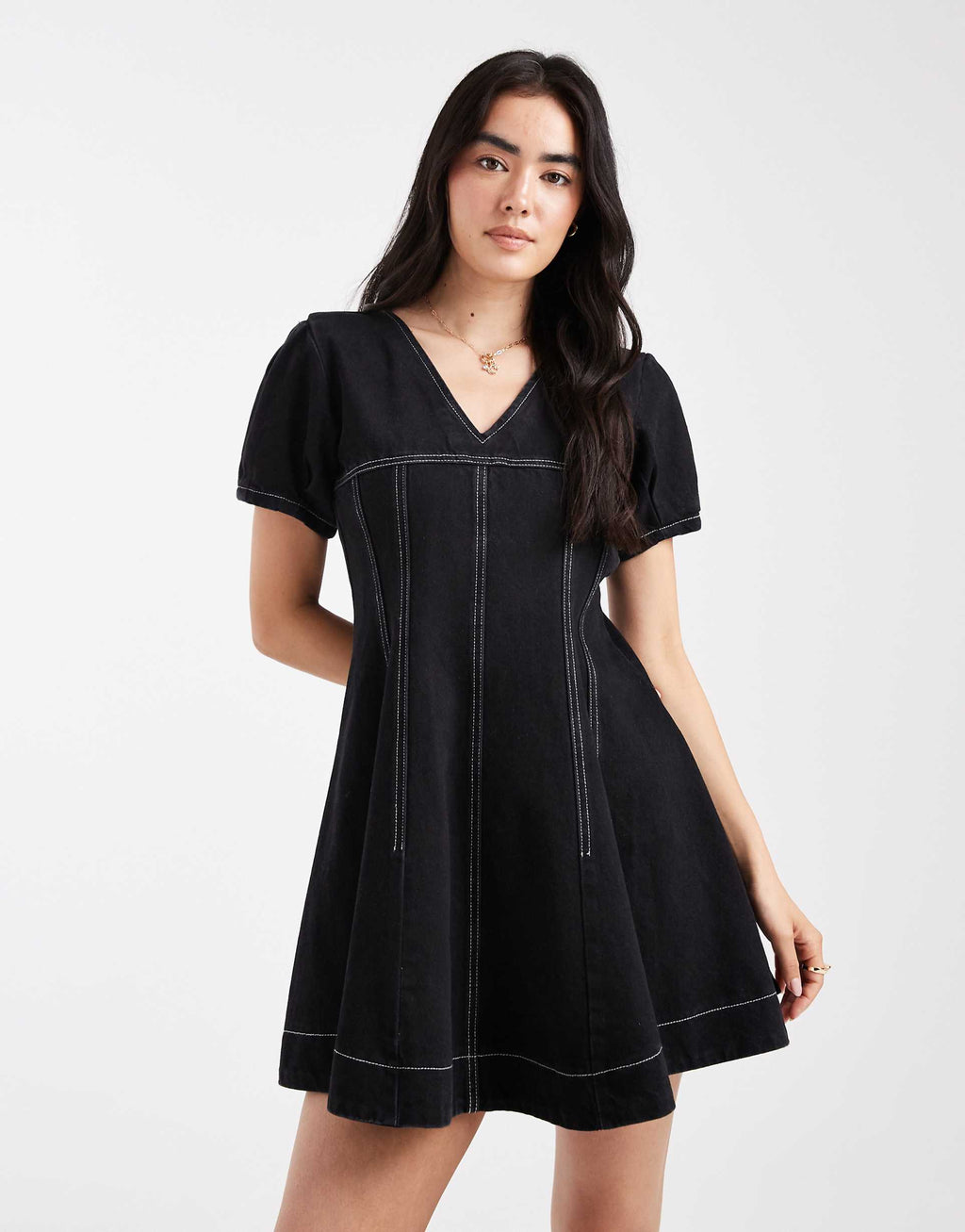 ASOS DESIGN denim V-neck mini dress with seam detail in black