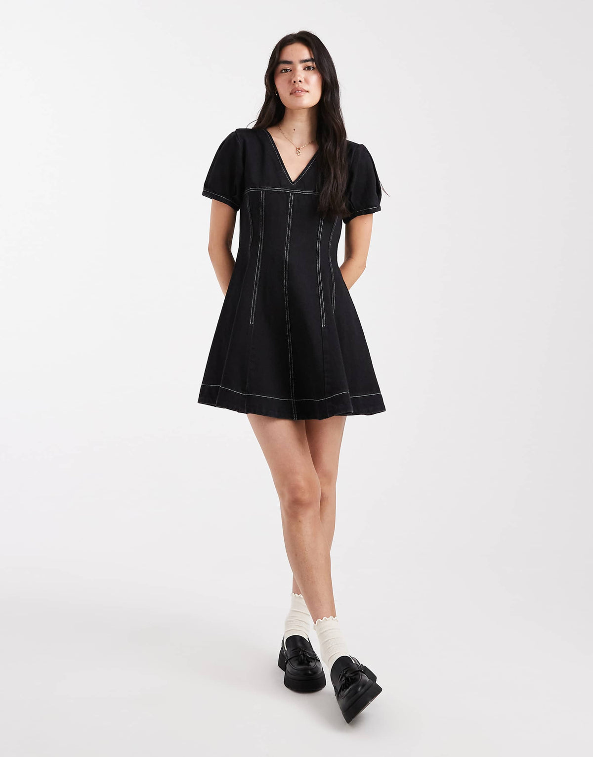 ASOS DESIGN denim V-neck mini dress with seam detail in black