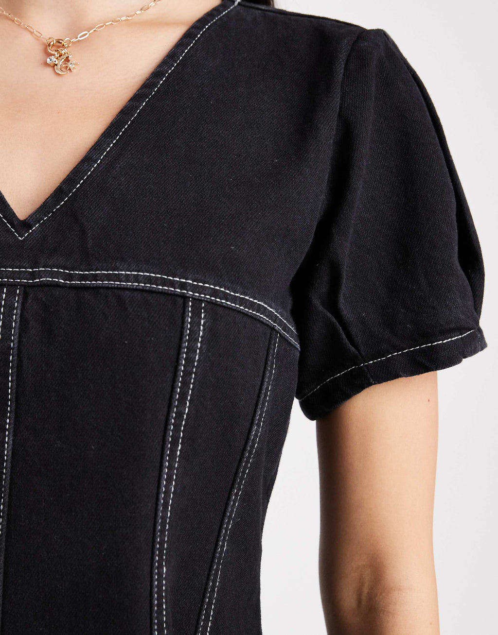 ASOS DESIGN denim V-neck mini dress with seam detail in black