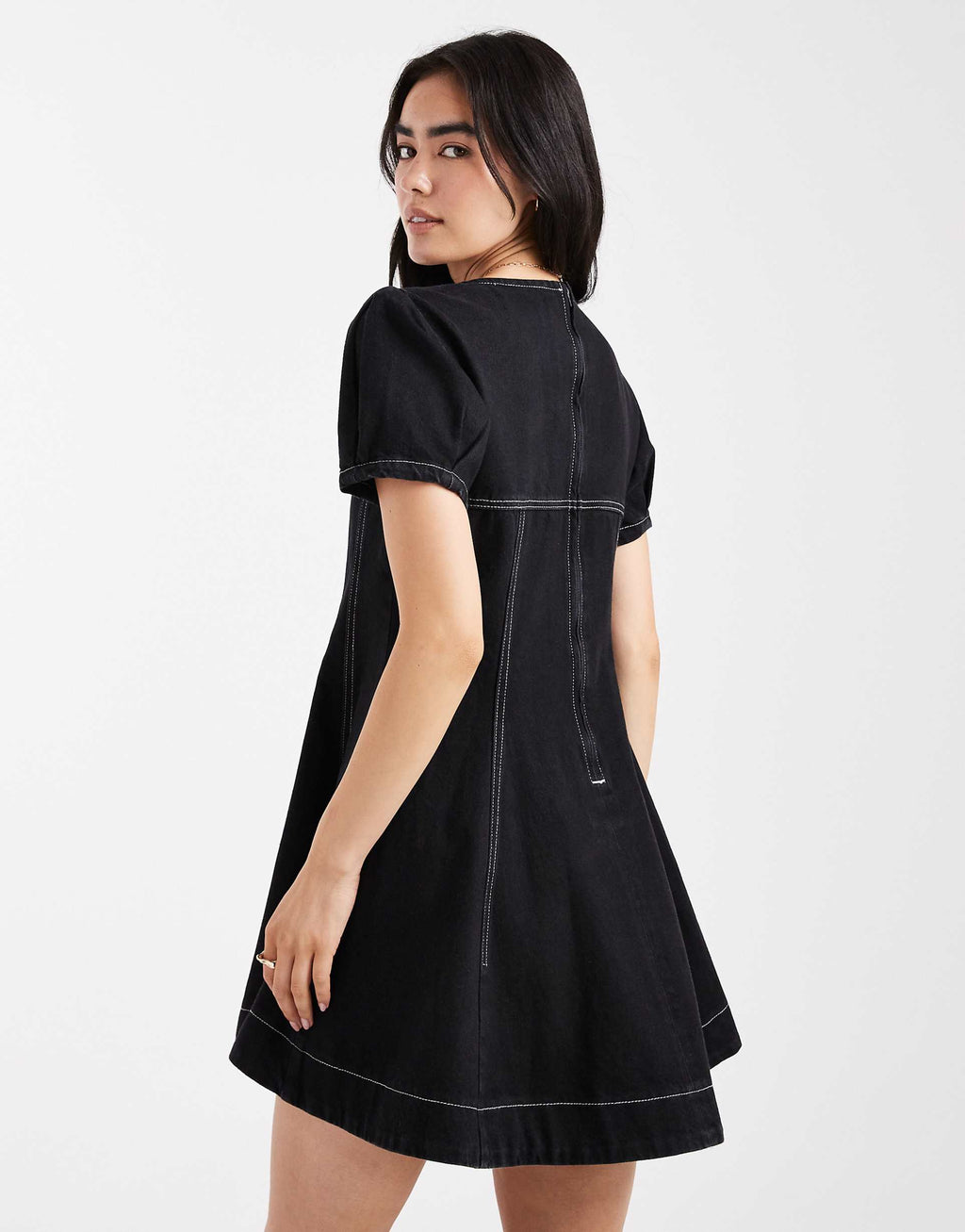 ASOS DESIGN denim V-neck mini dress with seam detail in black
