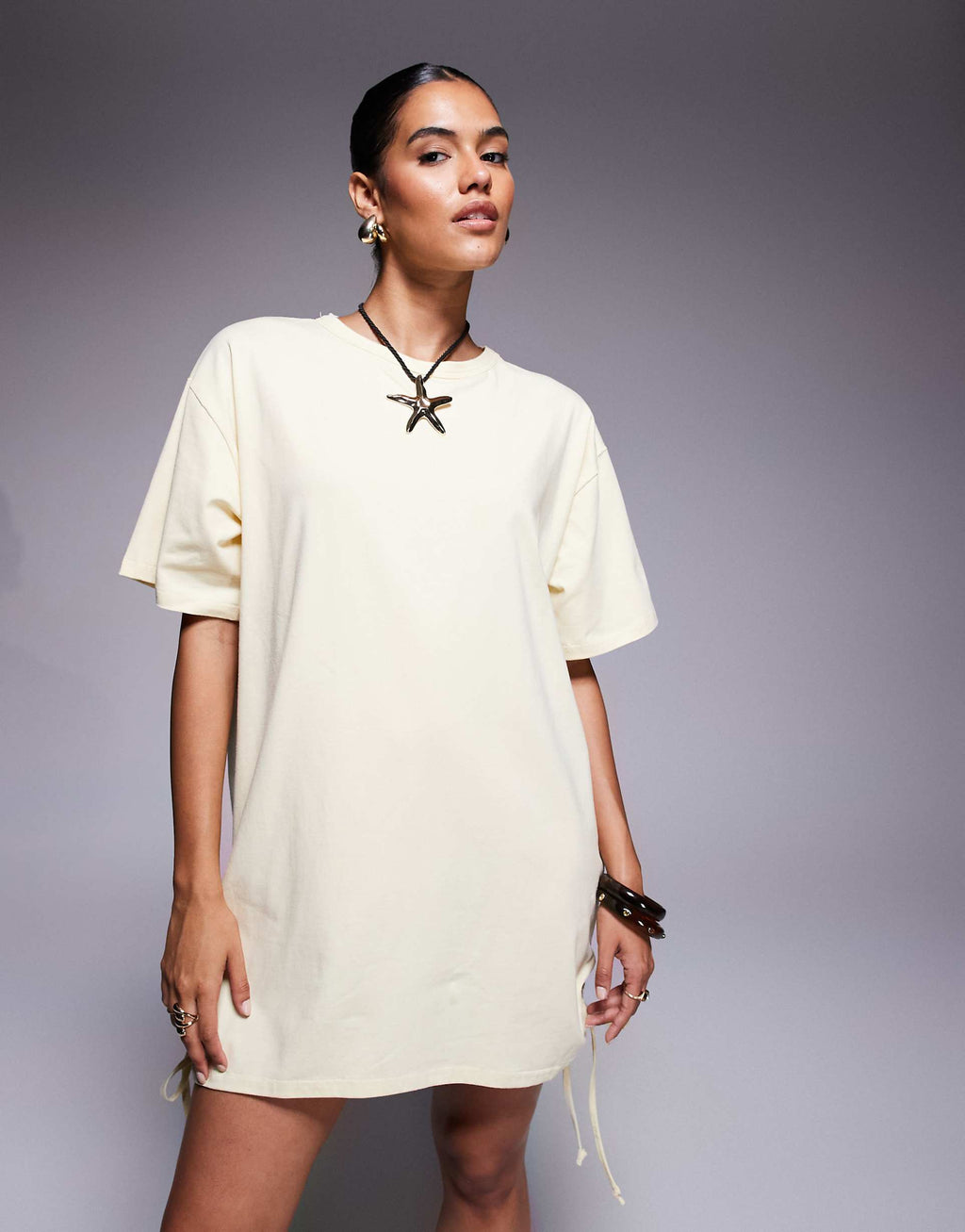 Fashionkilla cotton ruched tie side mini T-shirt dress in yellow