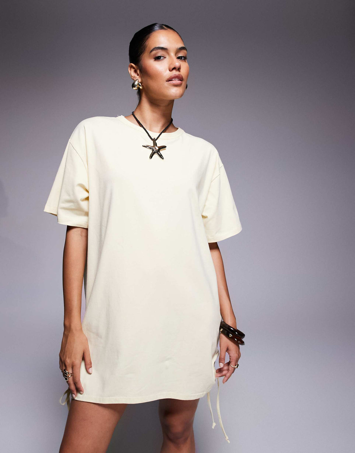 Fashionkilla cotton ruched tie side mini T-shirt dress in yellow