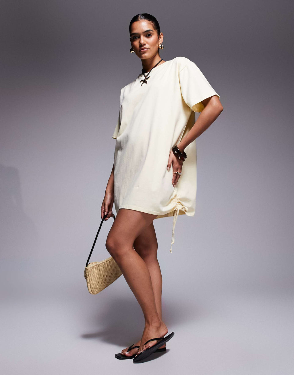 Fashionkilla cotton ruched tie side mini T-shirt dress in yellow
