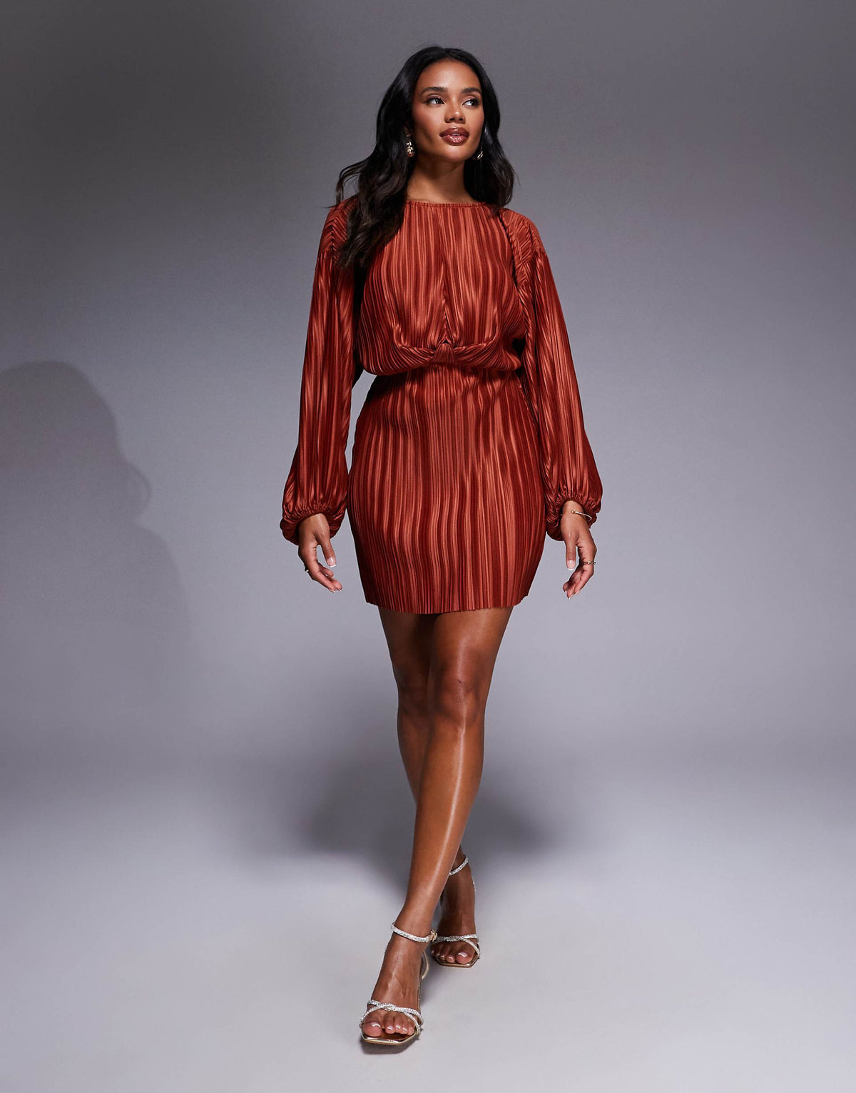 ASOS DESIGN plisse blouson sleeve and waist mini dress in rust