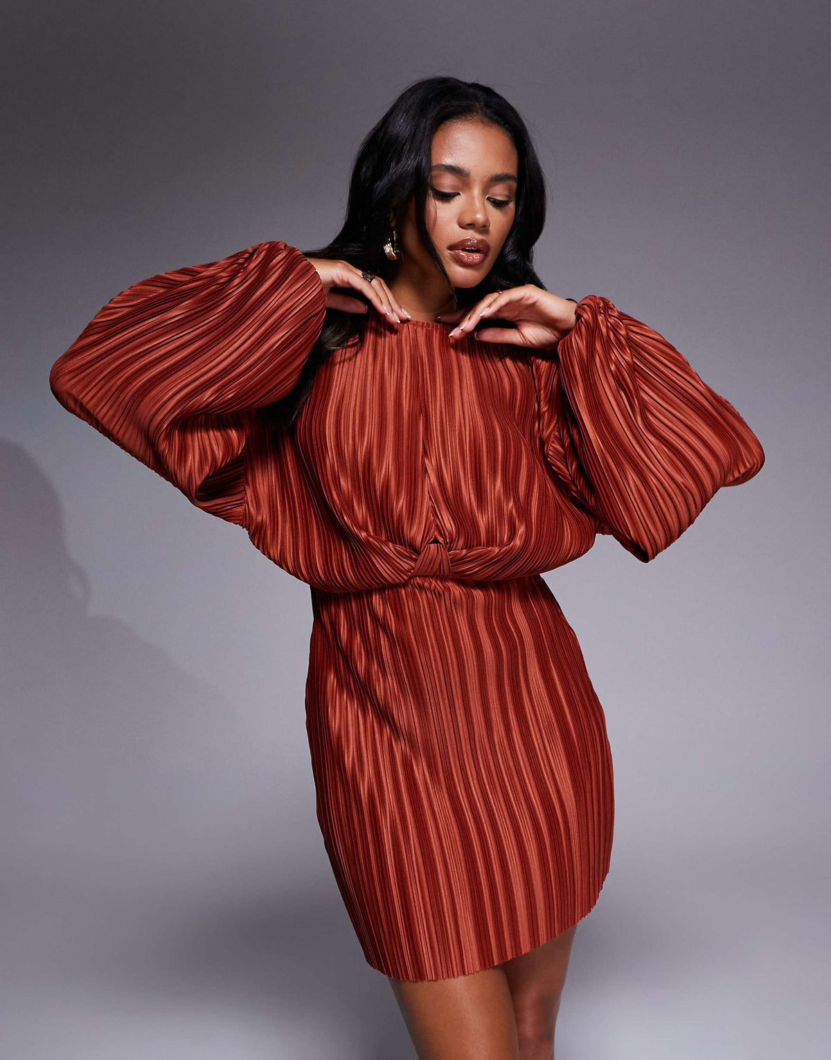 ASOS DESIGN plisse blouson sleeve and waist mini dress in rust