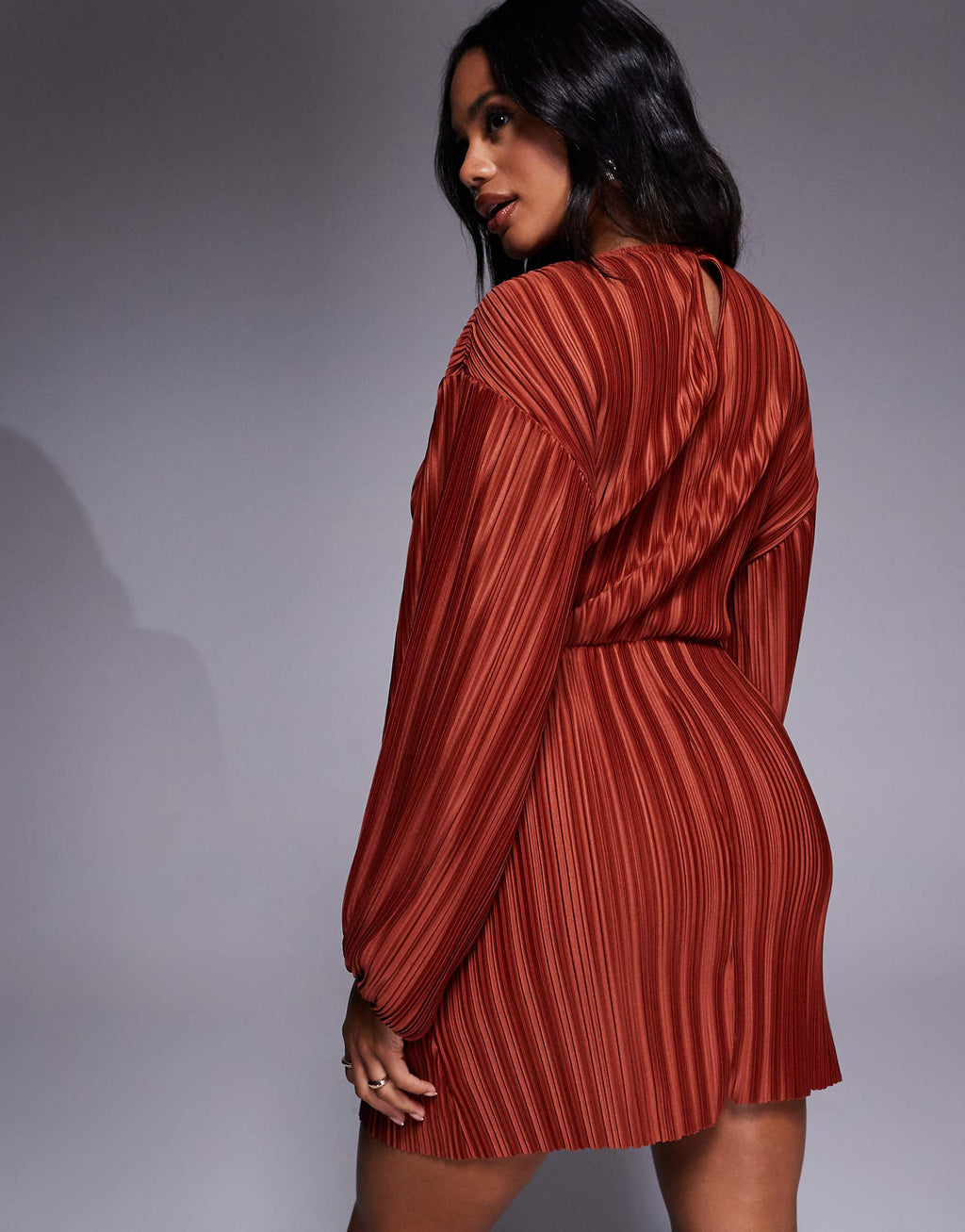 ASOS DESIGN plisse blouson sleeve and waist mini dress in rust