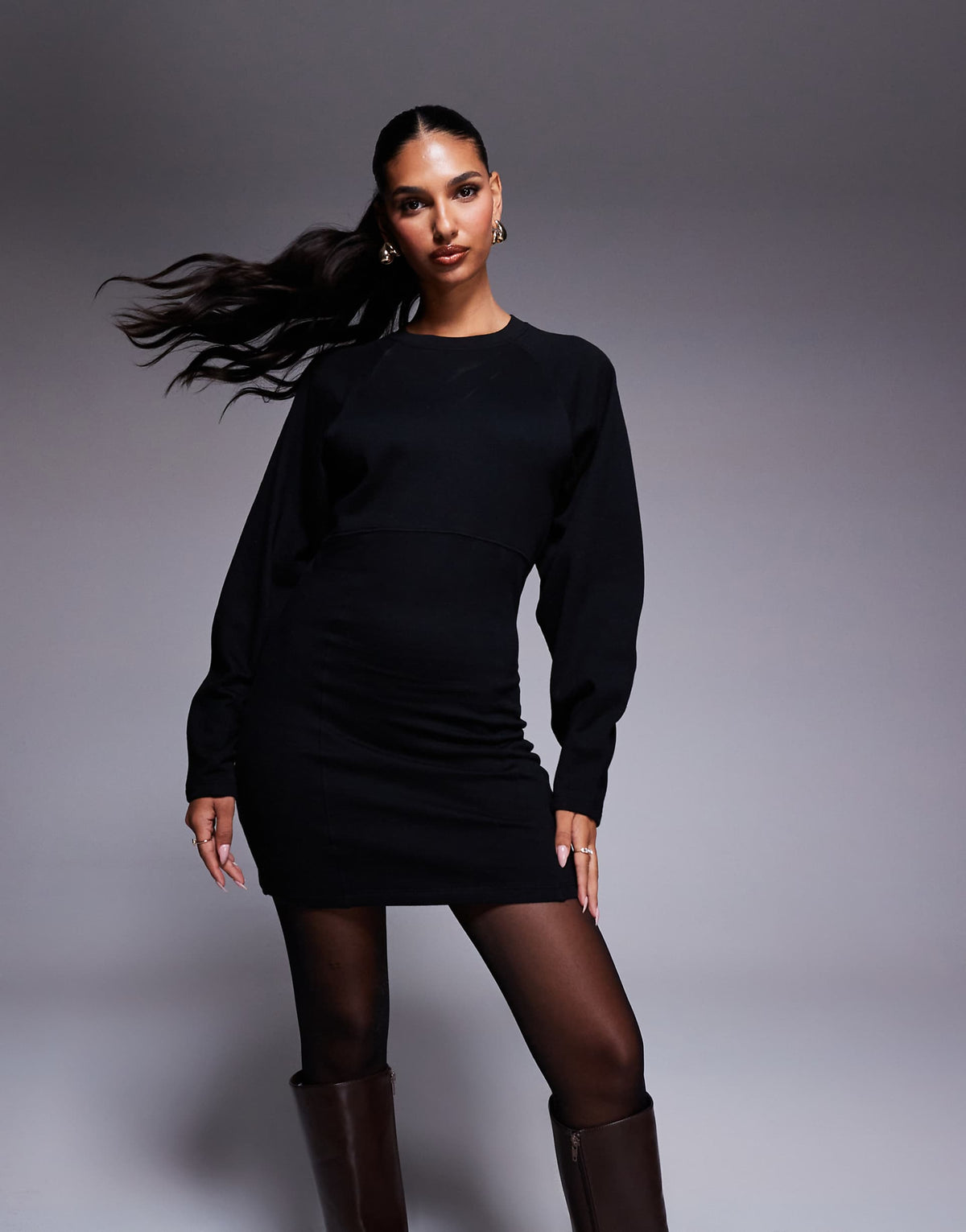 ASOS DESIGN cocoon sleeve seam detail mini sweatshirt dress in black
