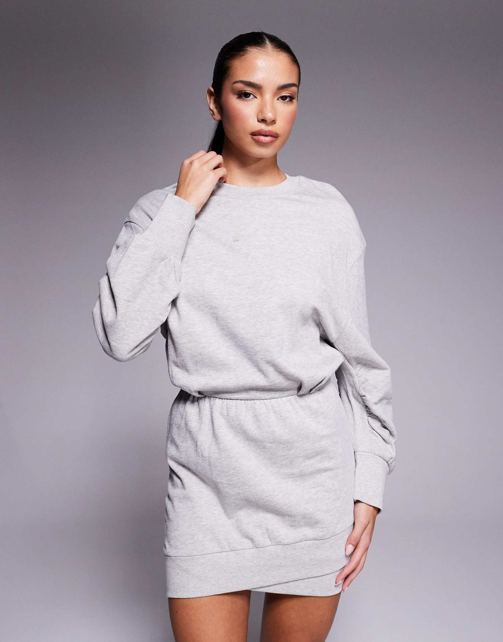 ASOS DESIGN cotton wrap over mini sweatshirt dress in heather gray