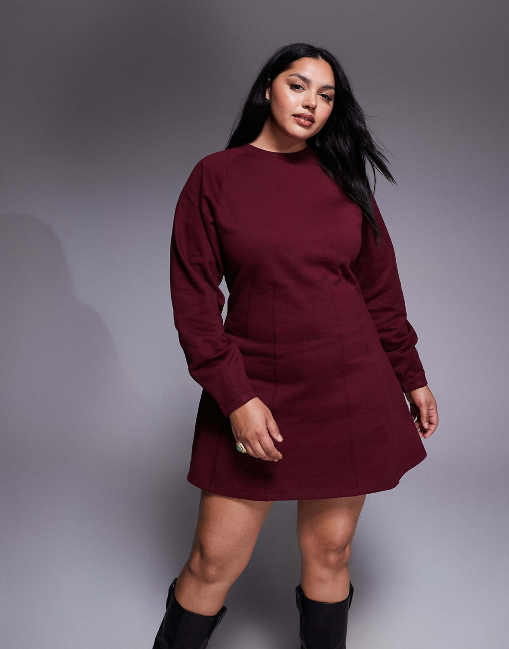 ASOS DESIGN Curve corset waist cotton mini sweatshirt dress in burgundy
