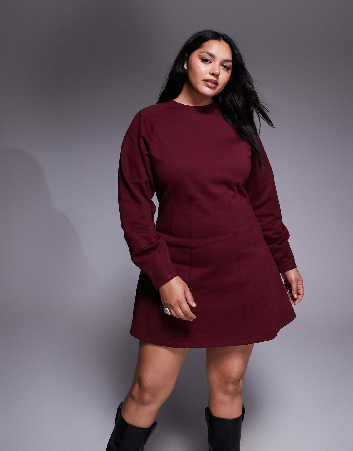 ASOS DESIGN Curve corset waist cotton mini sweatshirt dress in burgundy