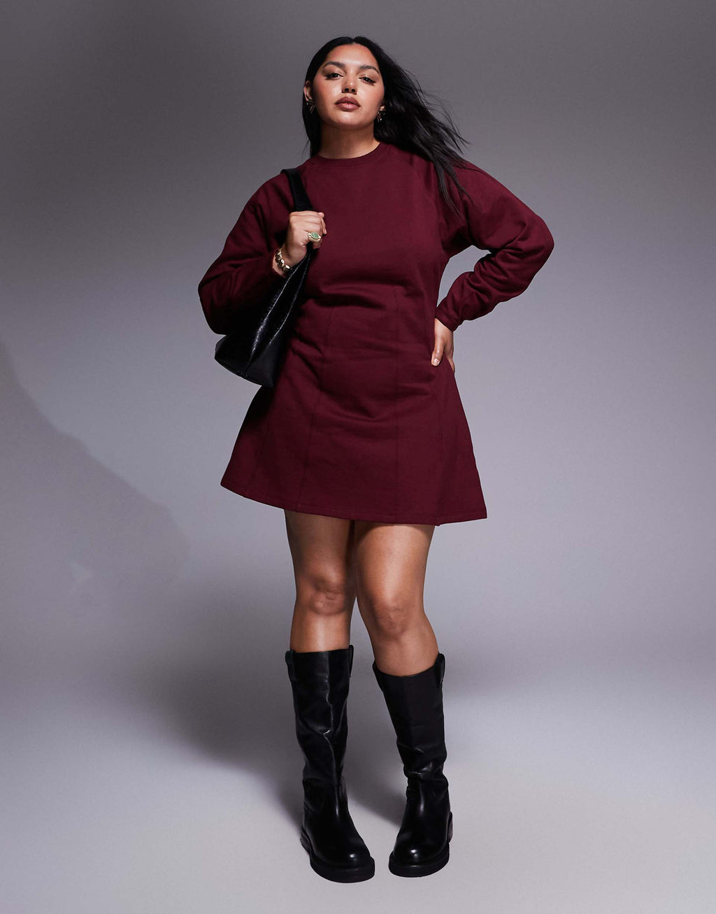 ASOS DESIGN Curve corset waist cotton mini sweatshirt dress in burgundy