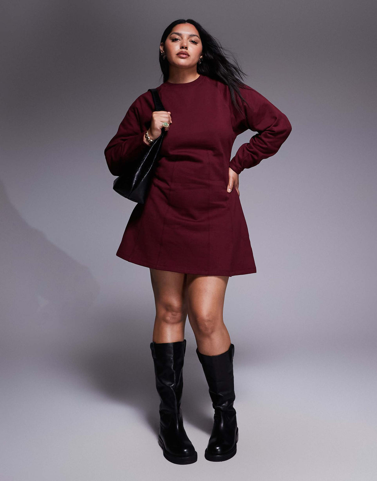 ASOS DESIGN Curve corset waist cotton mini sweatshirt dress in burgundy