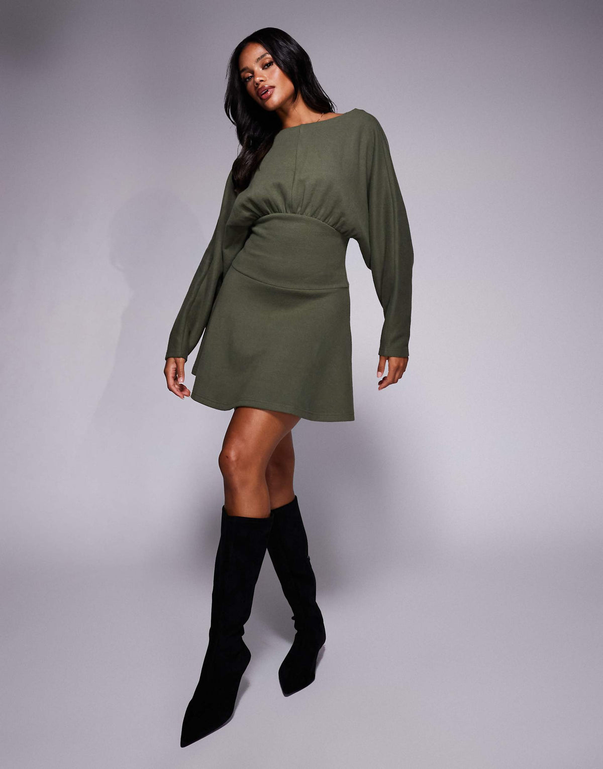 ASOS DESIGN supersoft slash neck blouson batwing mini dress in khaki green