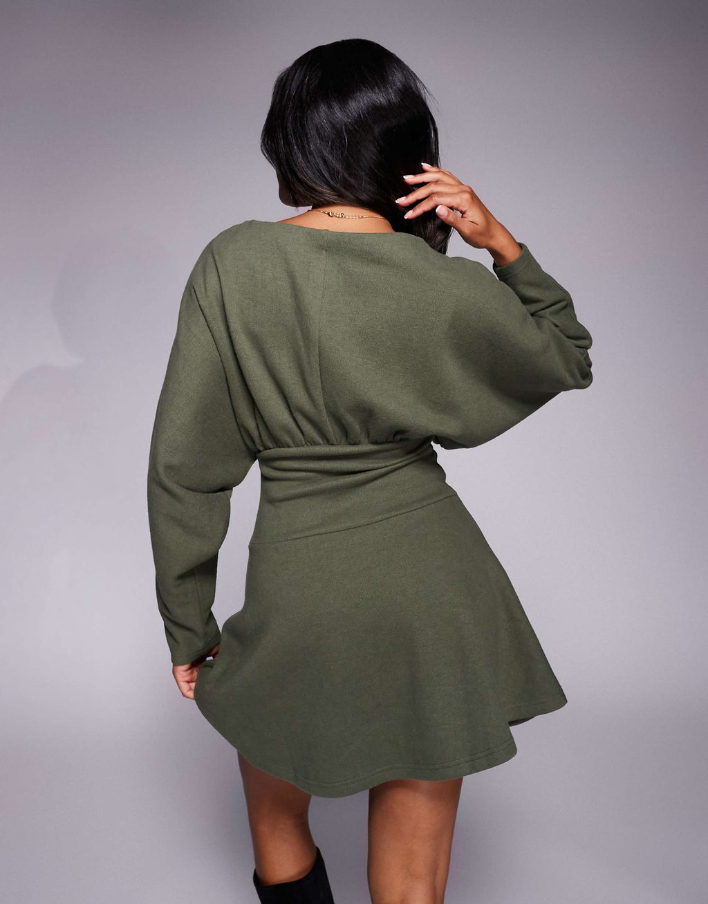 ASOS DESIGN supersoft slash neck blouson batwing mini dress in khaki green