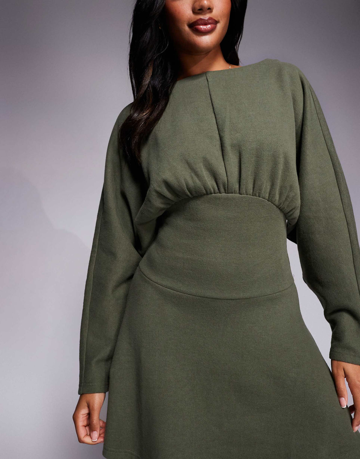 ASOS DESIGN supersoft slash neck blouson batwing mini dress in khaki green