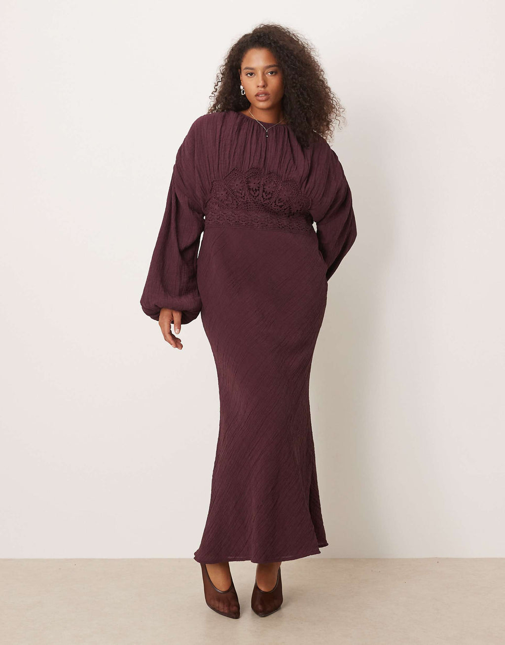 ASOS DESIGN Curve crew neck maxi dress with volume sleeve and lace bust detail in mulberry