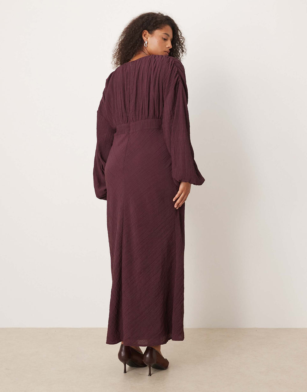 ASOS DESIGN Curve crew neck maxi dress with volume sleeve and lace bust detail in mulberry