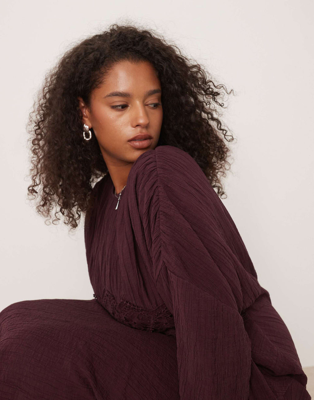 ASOS DESIGN Curve crew neck maxi dress with volume sleeve and lace bust detail in mulberry