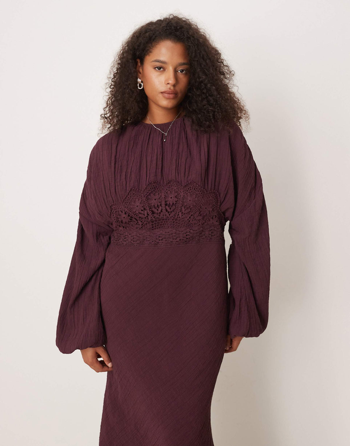 ASOS DESIGN Curve crew neck maxi dress with volume sleeve and lace bust detail in mulberry