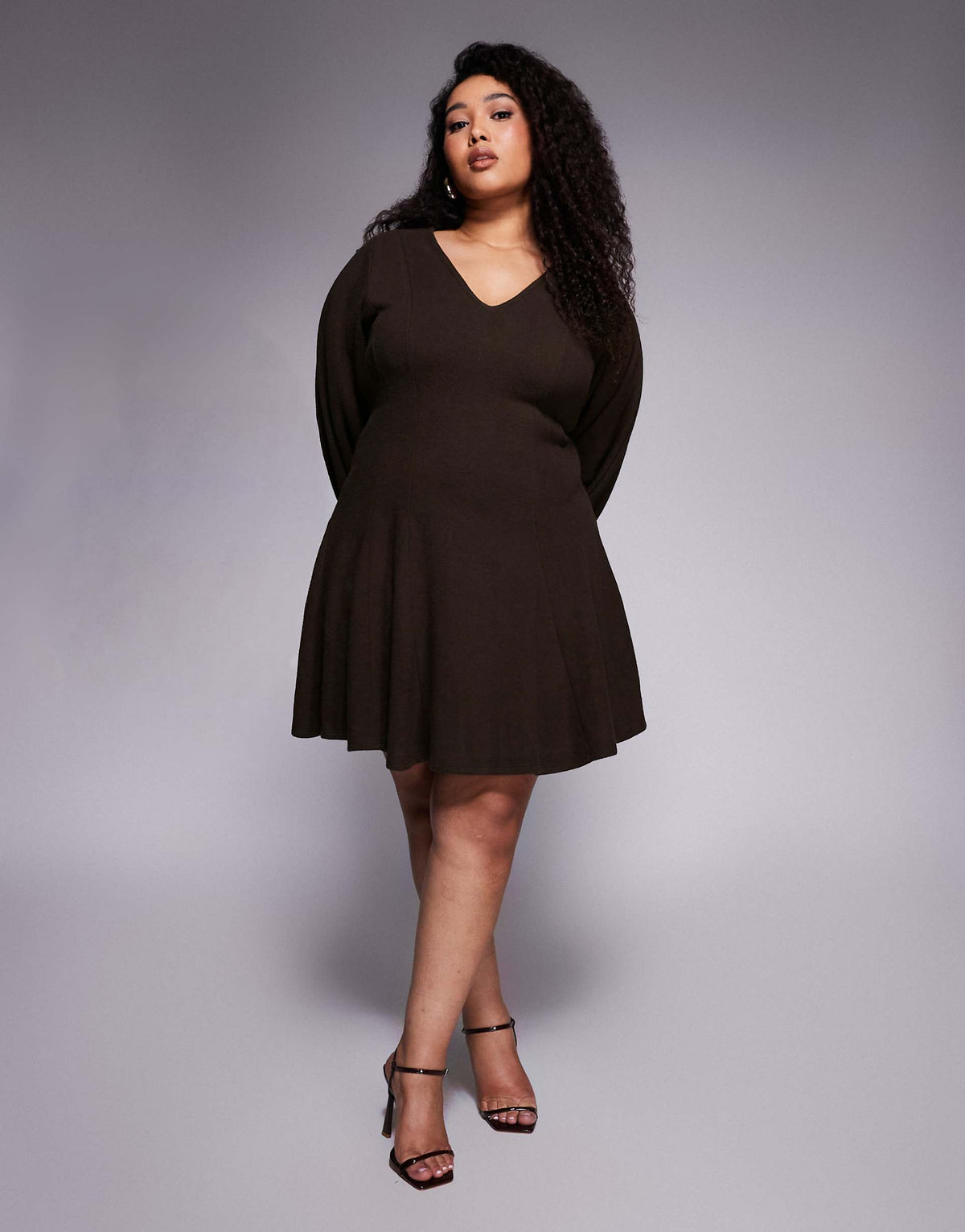 ASOS DESIGN Curve supersoft V neck fit and flare with seam detail mini dress in chocolate