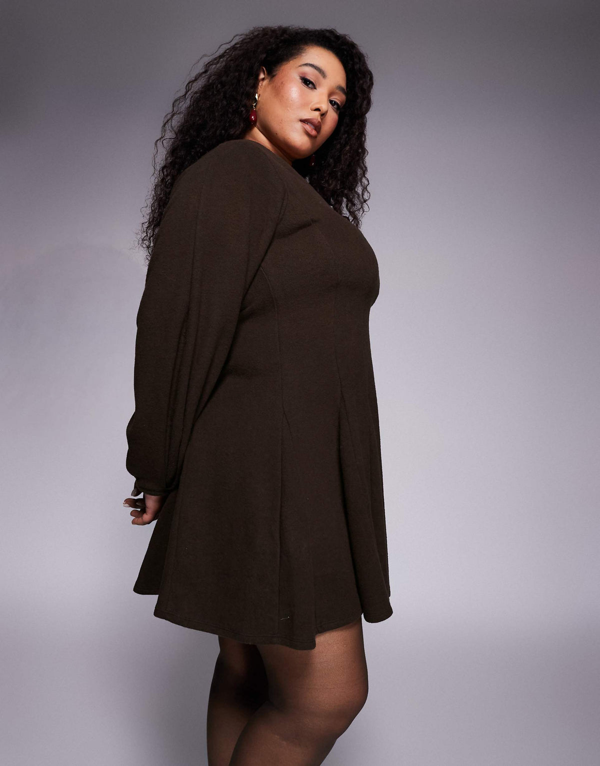 ASOS DESIGN Curve supersoft V neck fit and flare with seam detail mini dress in chocolate