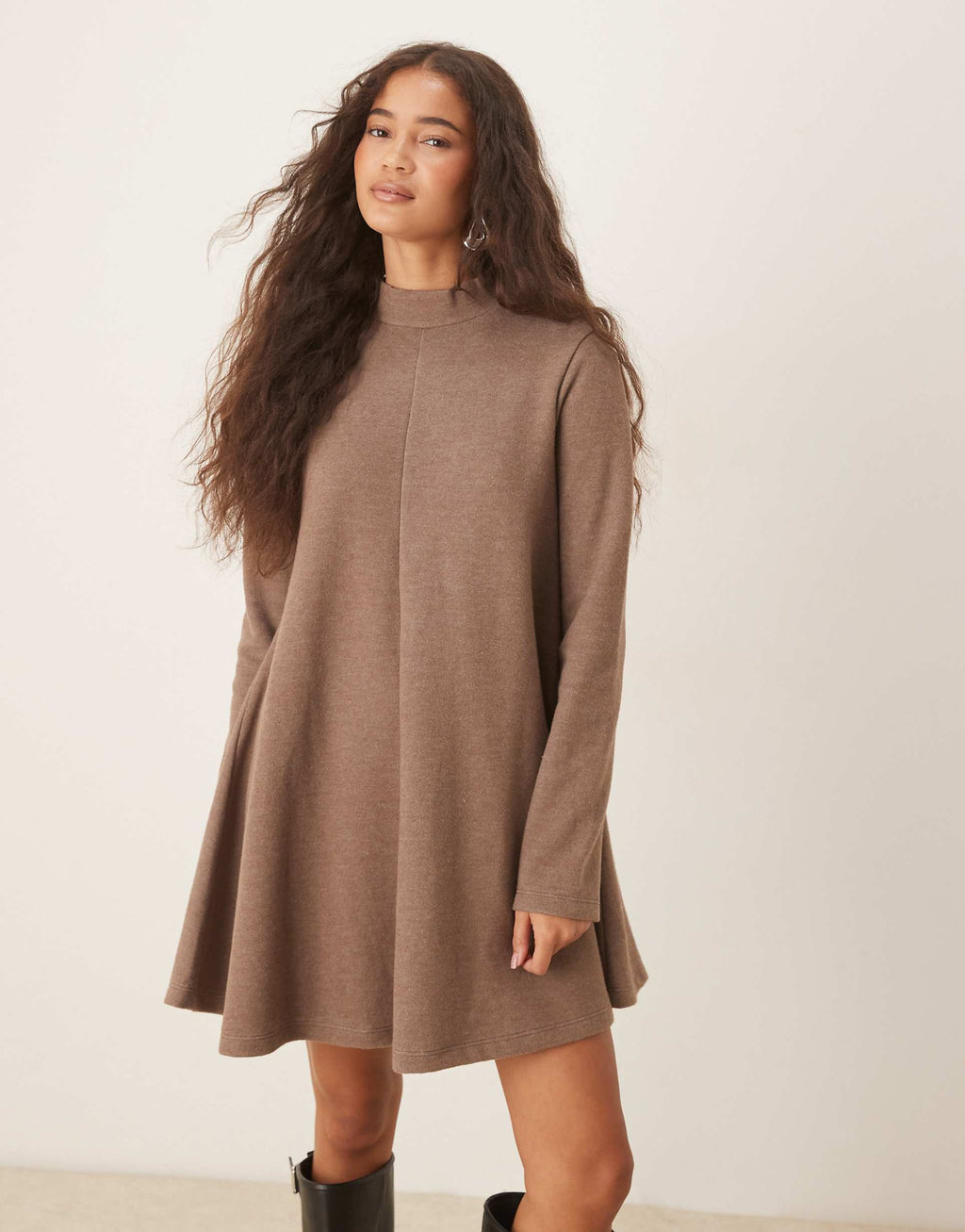 ASOS DESIGN super soft high neck trapeze mini dress in mocha