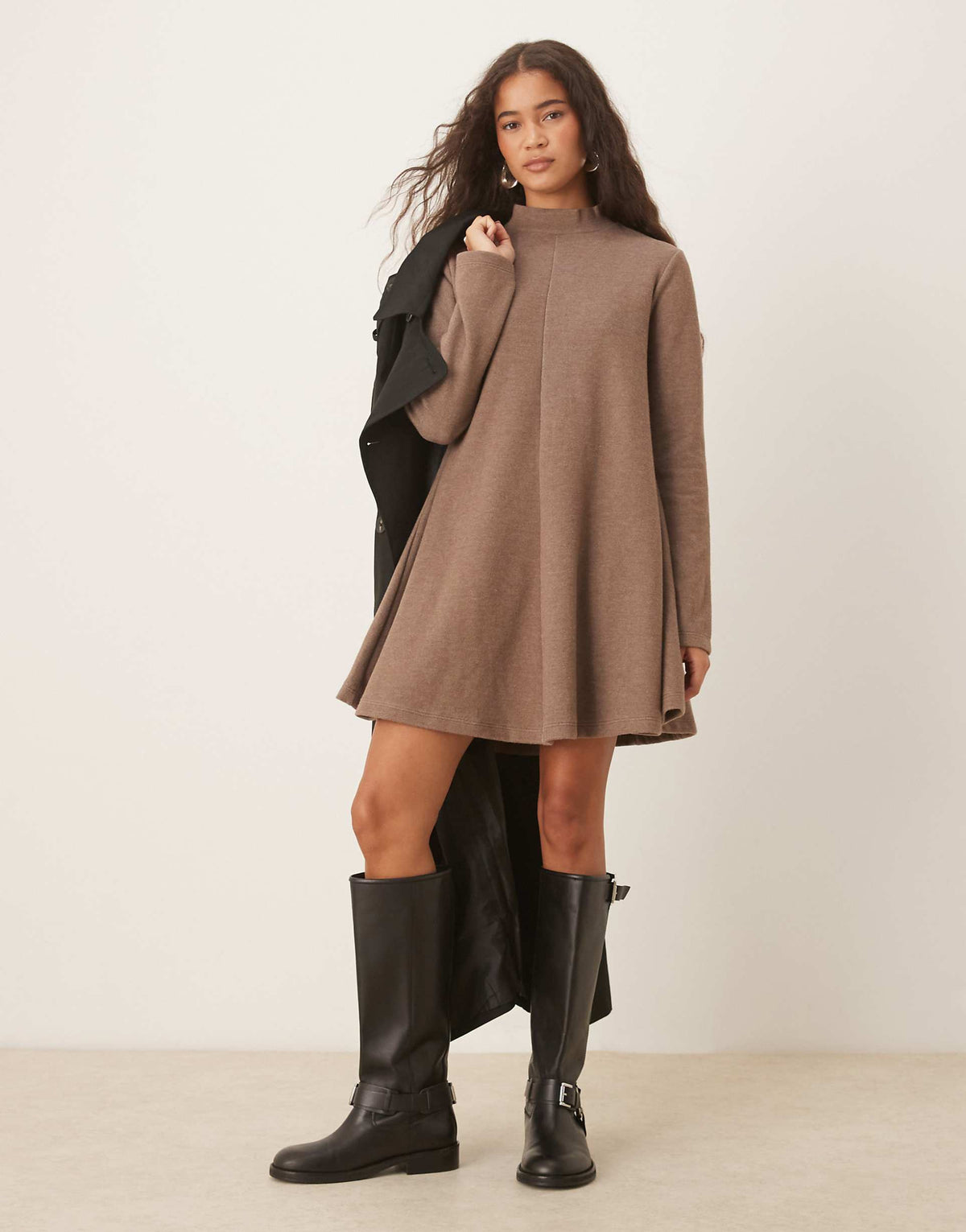 ASOS DESIGN super soft high neck trapeze mini dress in mocha