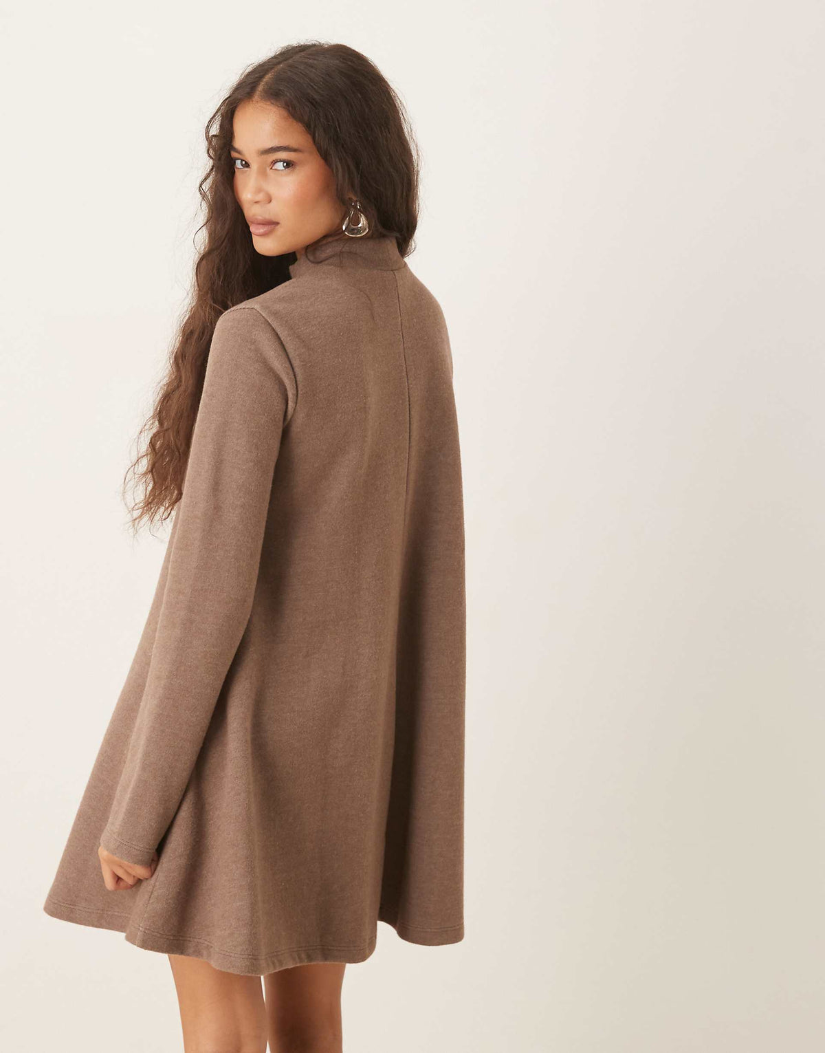 ASOS DESIGN super soft high neck trapeze mini dress in mocha