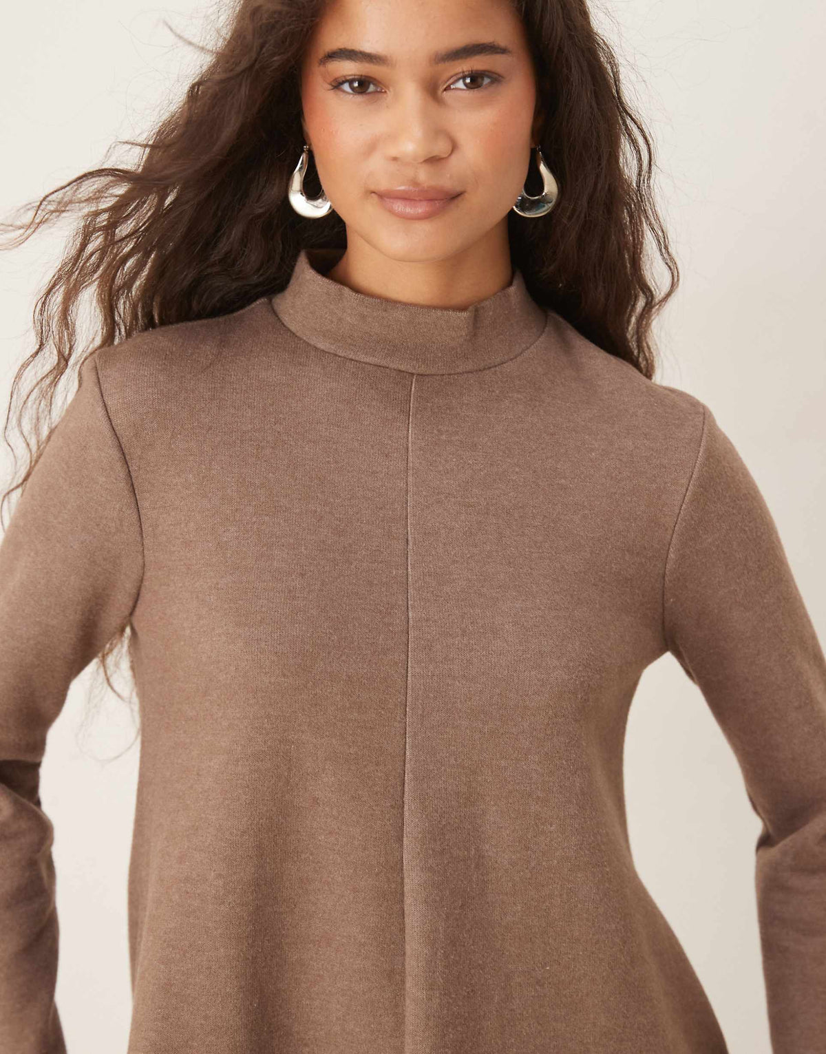ASOS DESIGN super soft high neck trapeze mini dress in mocha