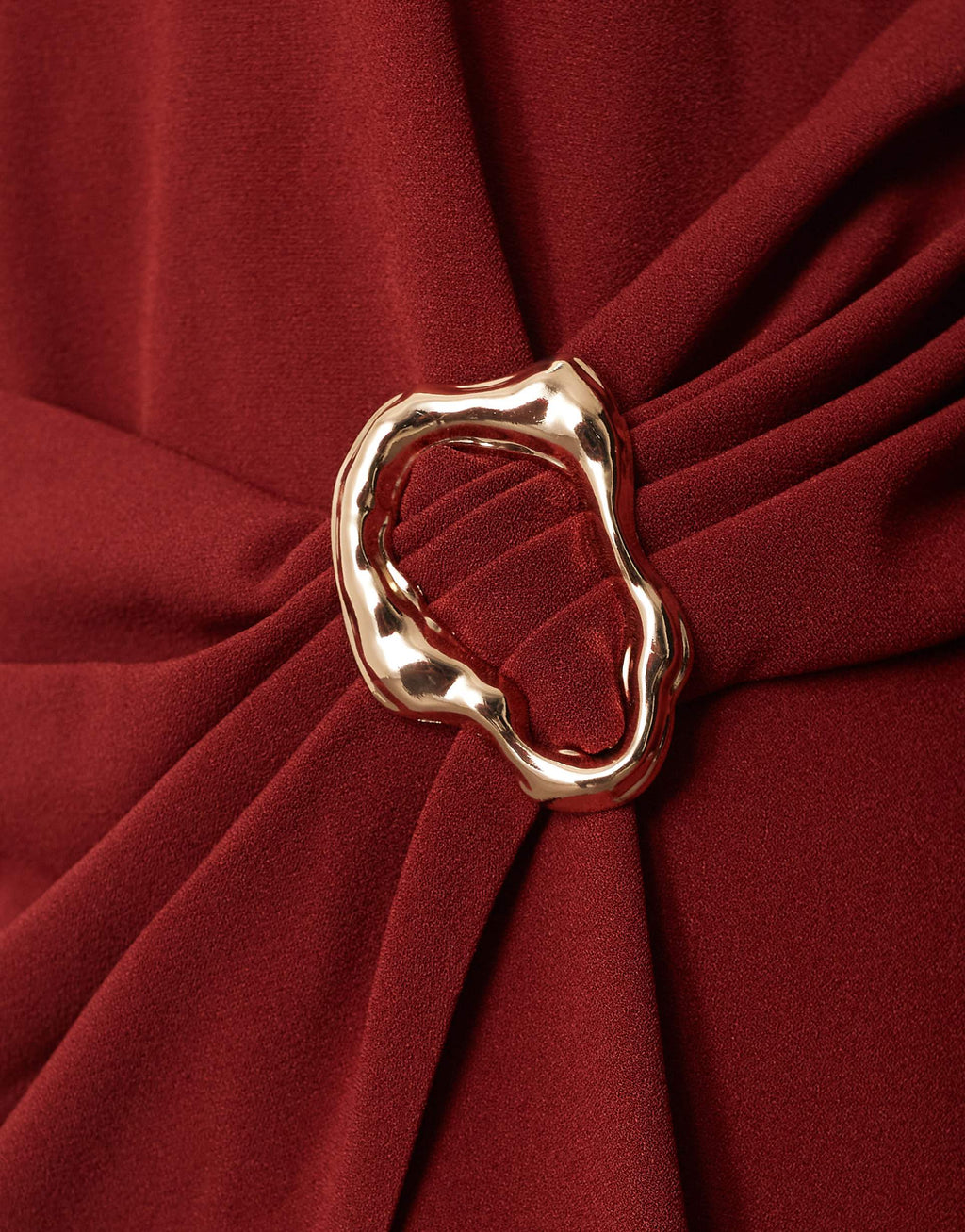 ARRANGE Curve long sleeve draped satin maxi dress with gold hardware in red