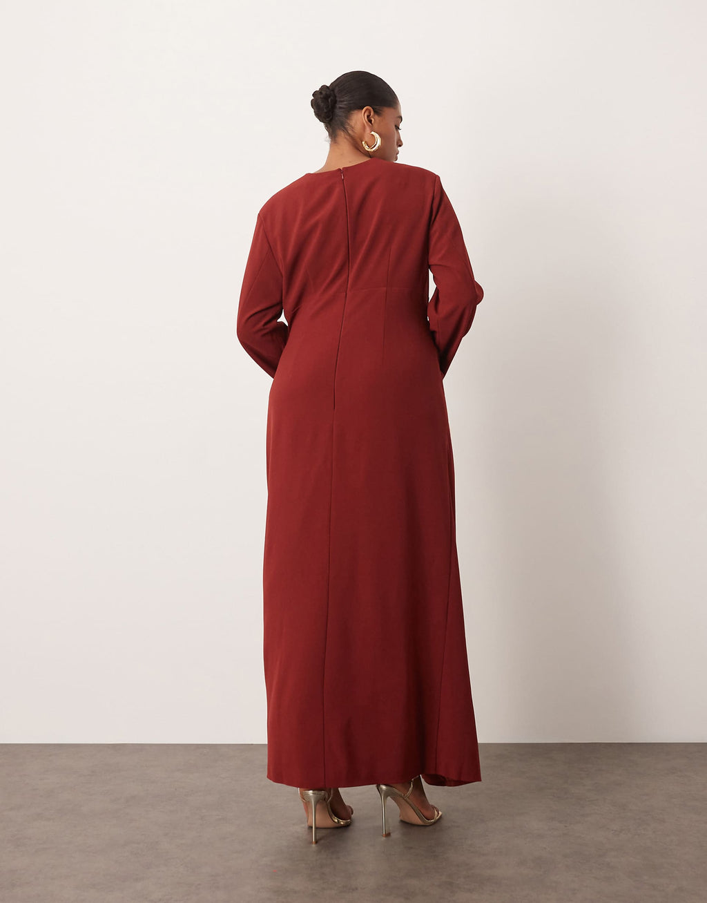 ARRANGE Curve long sleeve draped satin maxi dress with gold hardware in red