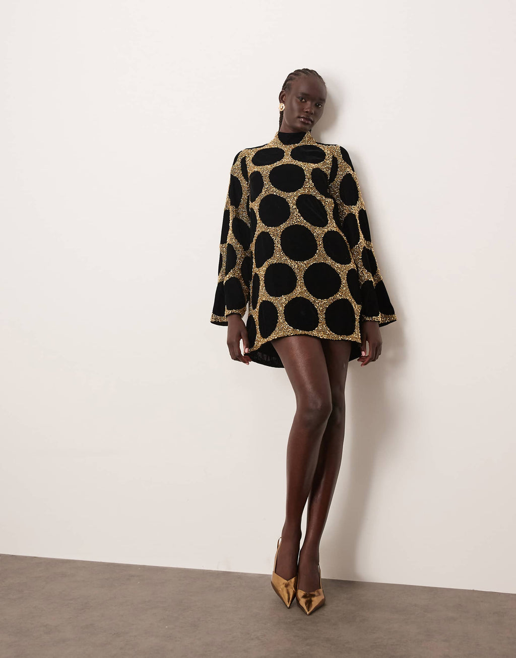 ARRANGE embellished dot long sleeve mini dress in gold