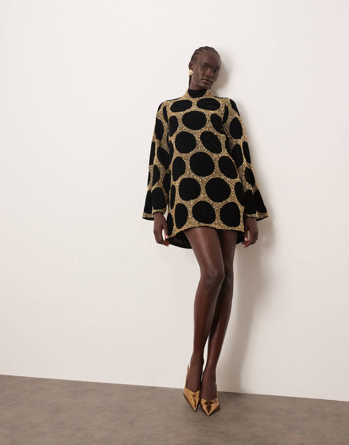 ARRANGE embellished dot long sleeve mini dress in gold
