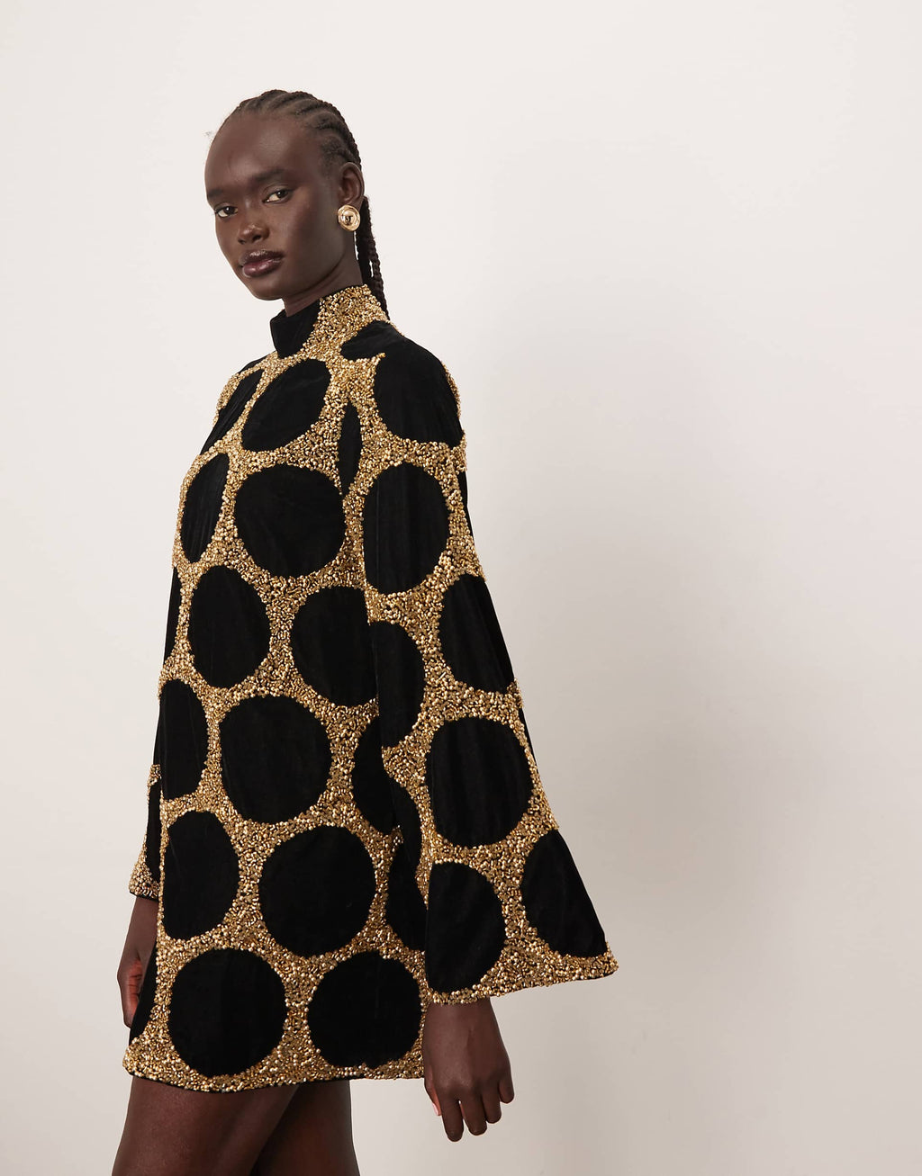 ARRANGE embellished dot long sleeve mini dress in gold