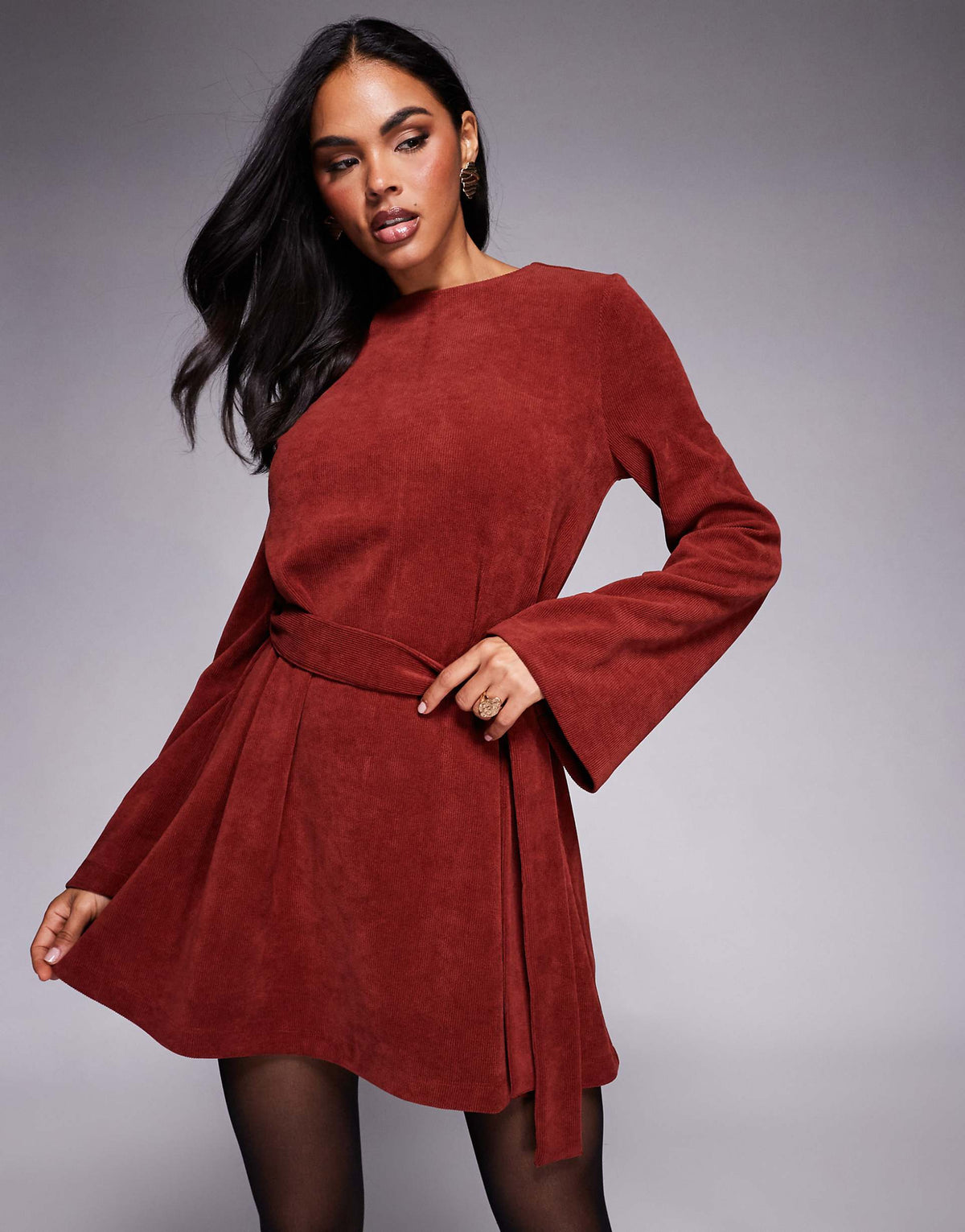 ASOS DESIGN fluted sleeve tie waist corduroy mini dress in burgundy