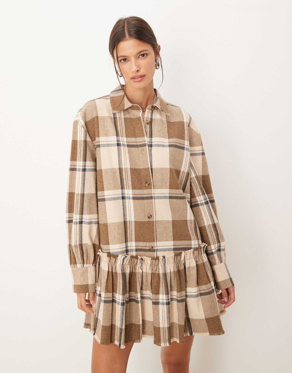 ASOS DESIGN mini shirt dress with dropped waist in tonal tan plaid