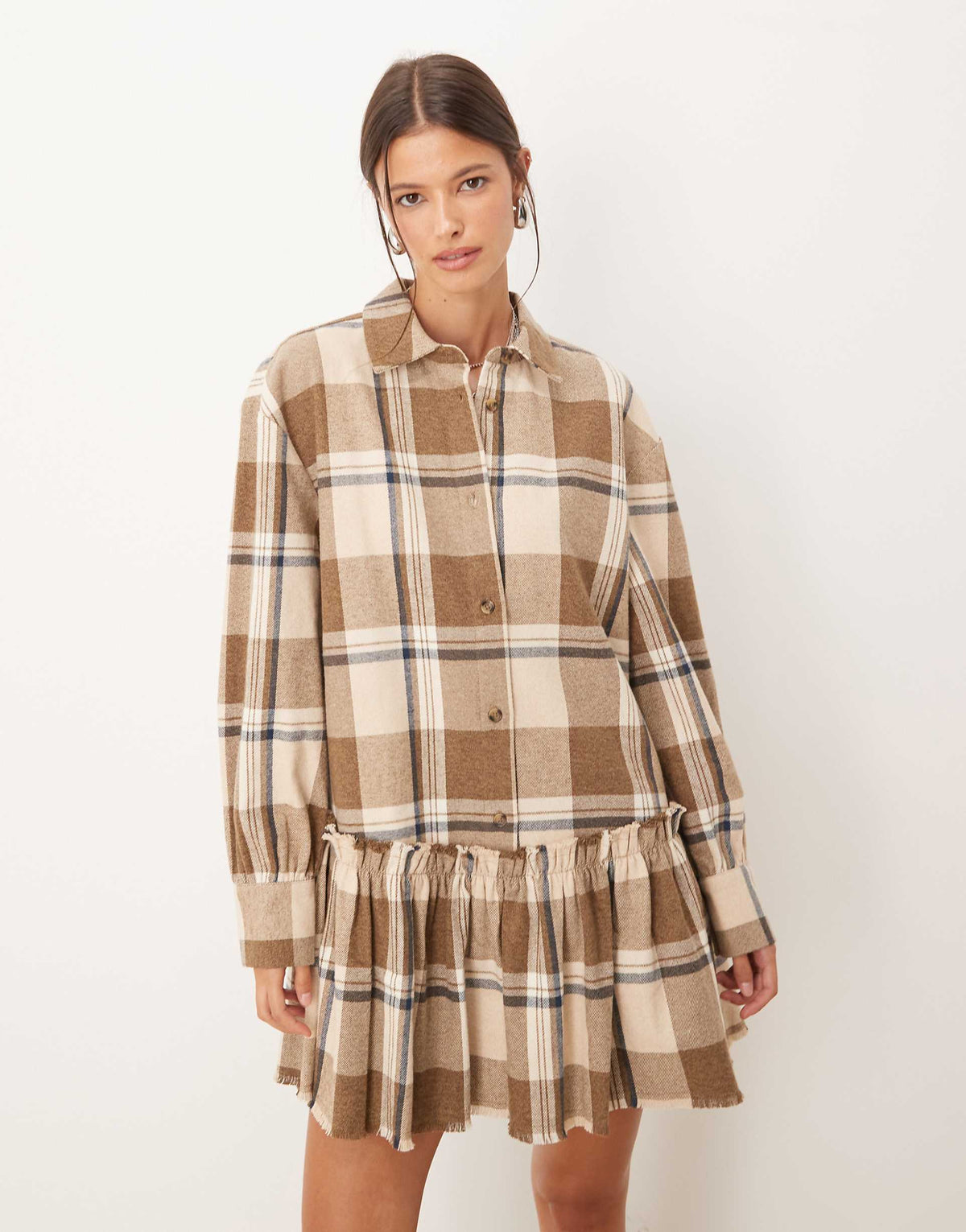 ASOS DESIGN mini shirt dress with dropped waist in tonal tan plaid