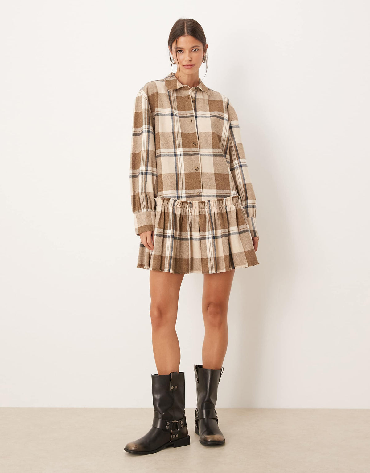 ASOS DESIGN mini shirt dress with dropped waist in tonal tan plaid
