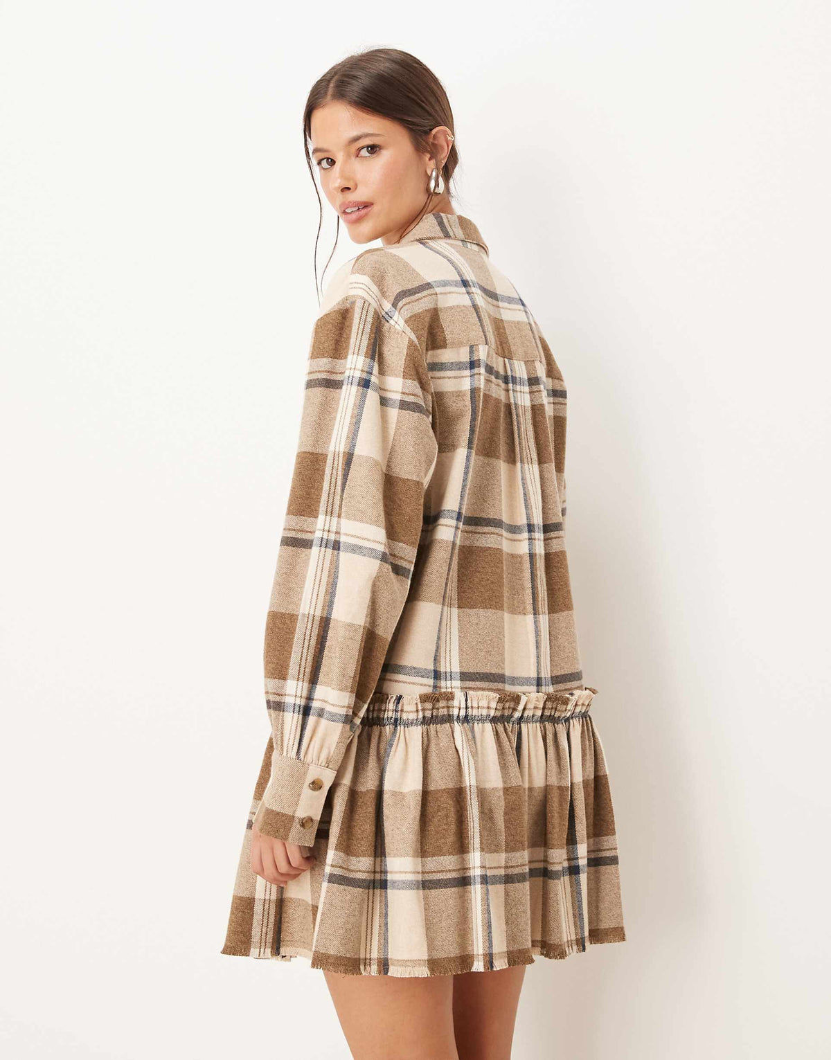 ASOS DESIGN mini shirt dress with dropped waist in tonal tan plaid