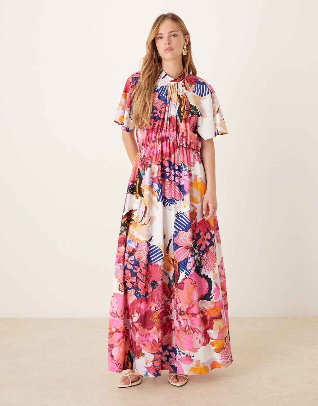 YAS fluted sleeve midi dress in pink abstract floral print