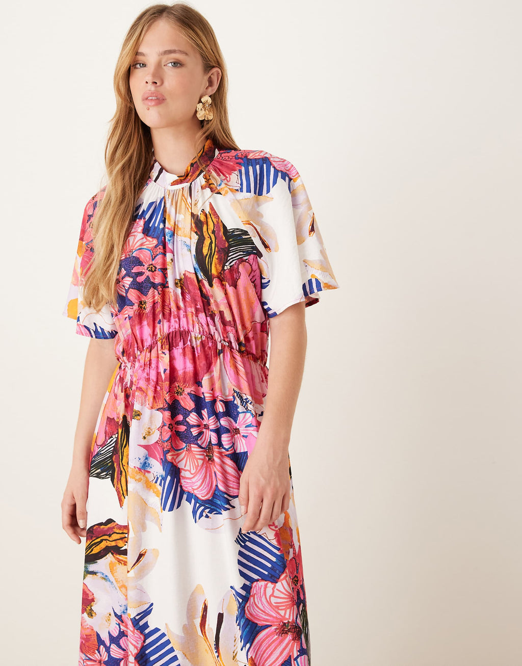 YAS fluted sleeve midi dress in pink abstract floral print