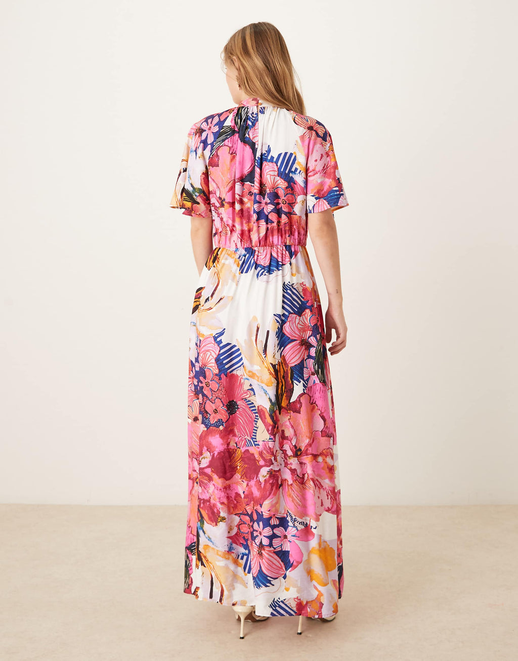 YAS fluted sleeve midi dress in pink abstract floral print