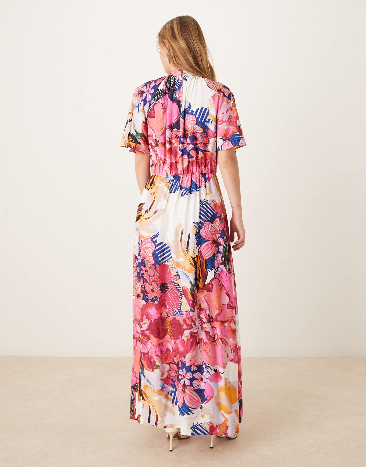 YAS fluted sleeve midi dress in pink abstract floral print