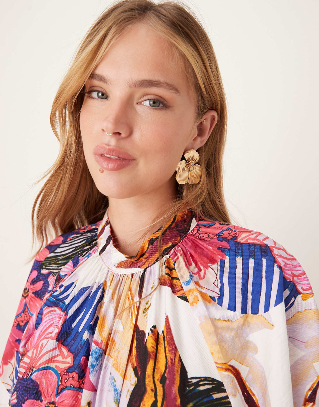 YAS fluted sleeve midi dress in pink abstract floral print